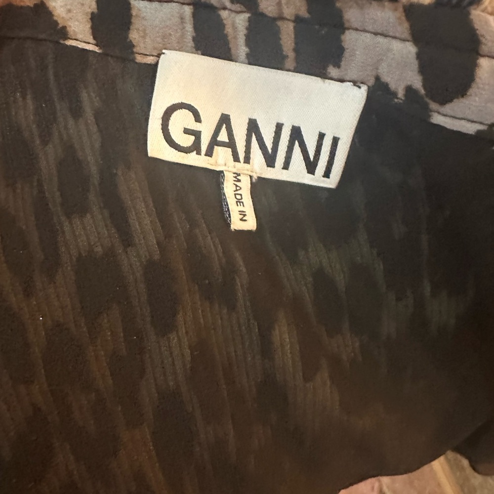 Ganni Leopard Print Pleated Georgette Long Sleeve Minidress - Picture 6 of 6